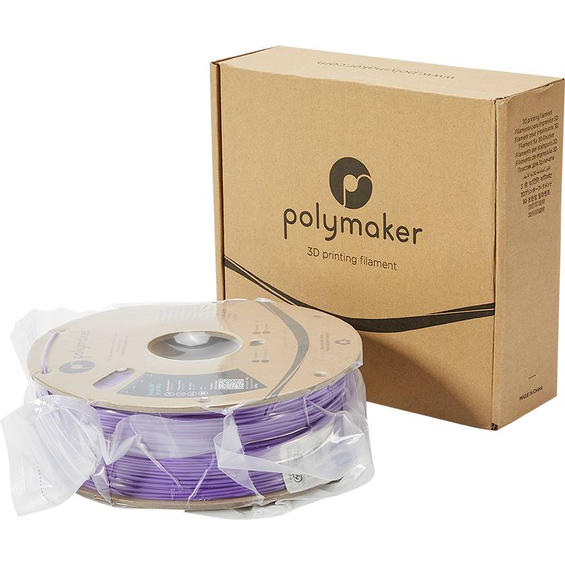 Eine Rolle lila 3D-Drucker-Filament vor einer braunen Verpackung mit der Aufschrift 'Polymaker 3D printing filament'.
