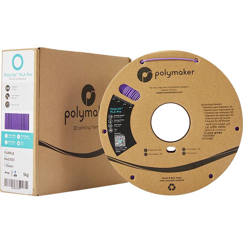 Spule mit violettem Polymaker PLA Pro 3D-Druckfilament, 1,75 mm, vor einem braunen Karton.