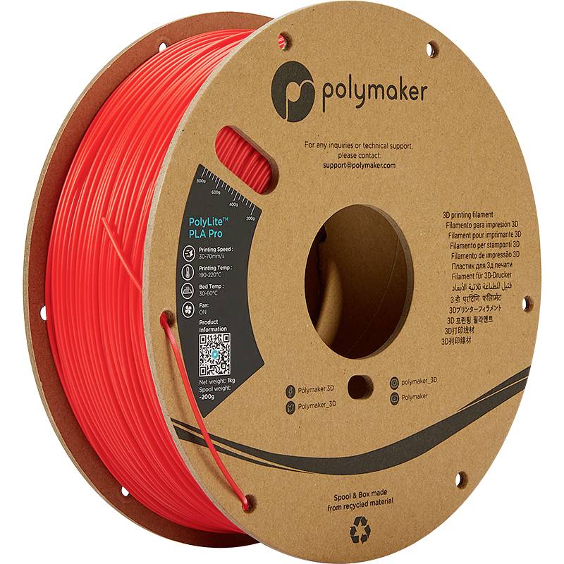 Spule mit rotem 3D-Drucker-Filament, Marke 'Polymaker', aus umweltfreundlichem Material.