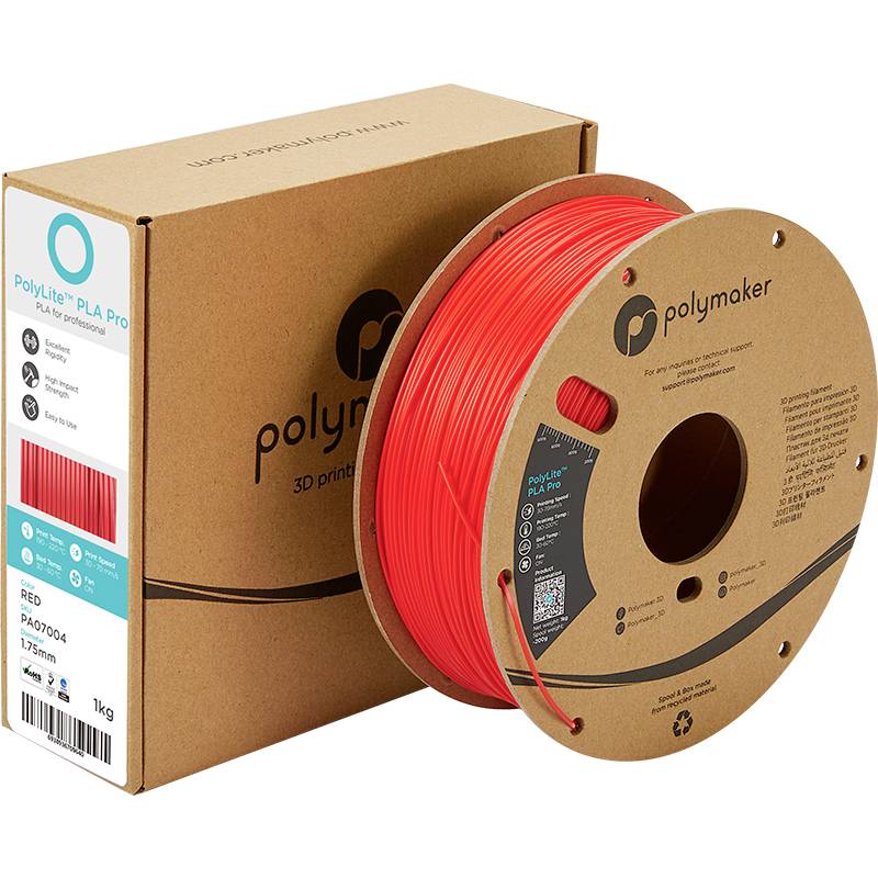 Rolle roten 3D-Drucker-Filaments von PolyLite neben brauner Kartonverpackung, beschriftet mit 'Polymaker', geeignet für 3D-Drucker.