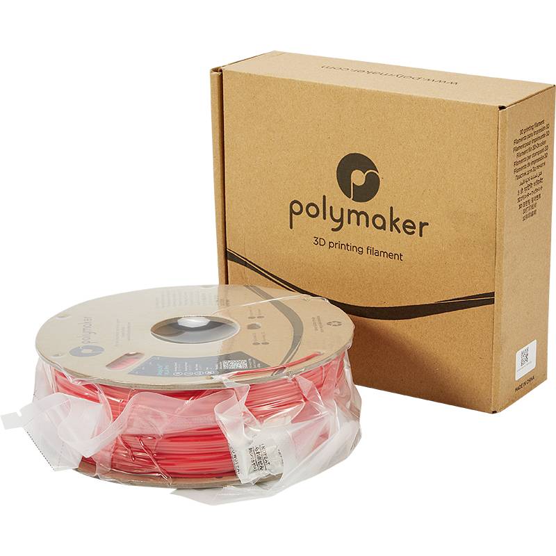Rolle mit rotem 3D-Drucker-Filament neben einer braunen Kartonverpackung mit der Aufschrift 'polymaker 3D printing filament'.