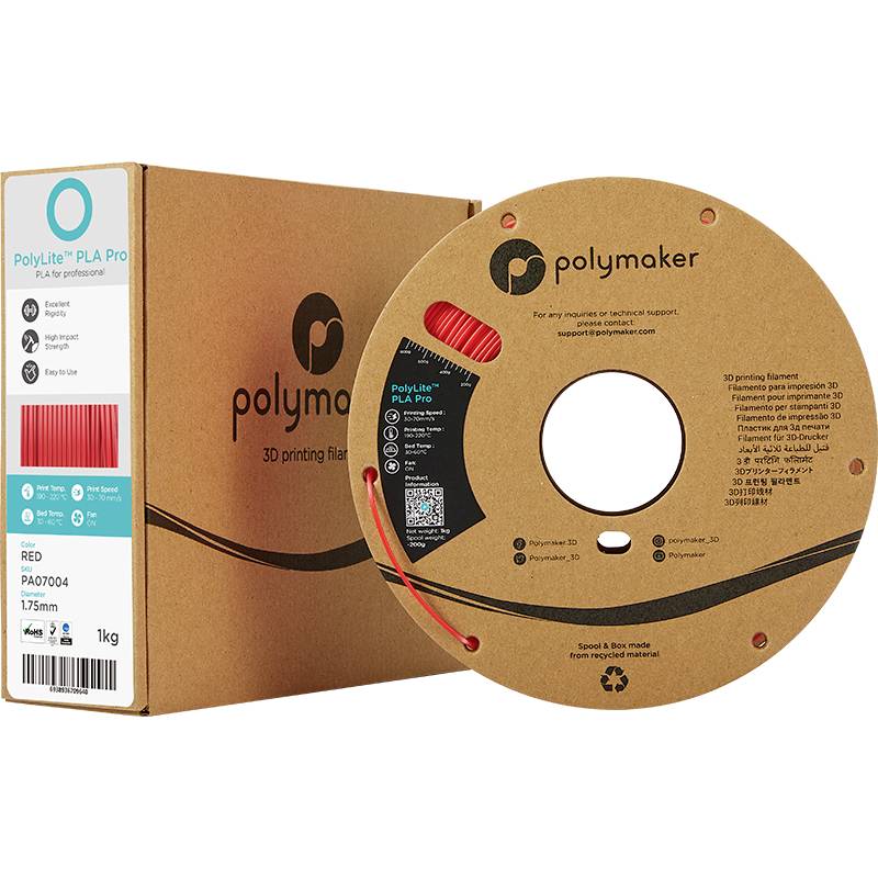 Polymaker 3D-Drucker-Filament in Rot, PLA Pro, 1,75 mm, 1 kg Rolle. Verpackung und Spule sichtbar.