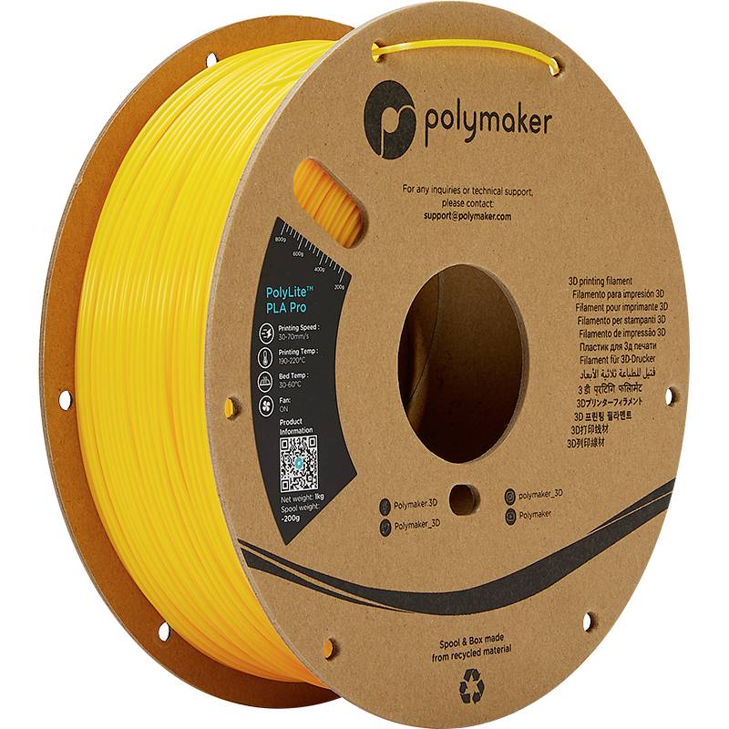 Gelbe Rolle mit 3D-Drucker-Filament von Polymaker, Produktname 'PolyLite PLA Pro'. Umweltfreundlich verpackt in einer Pappspule.