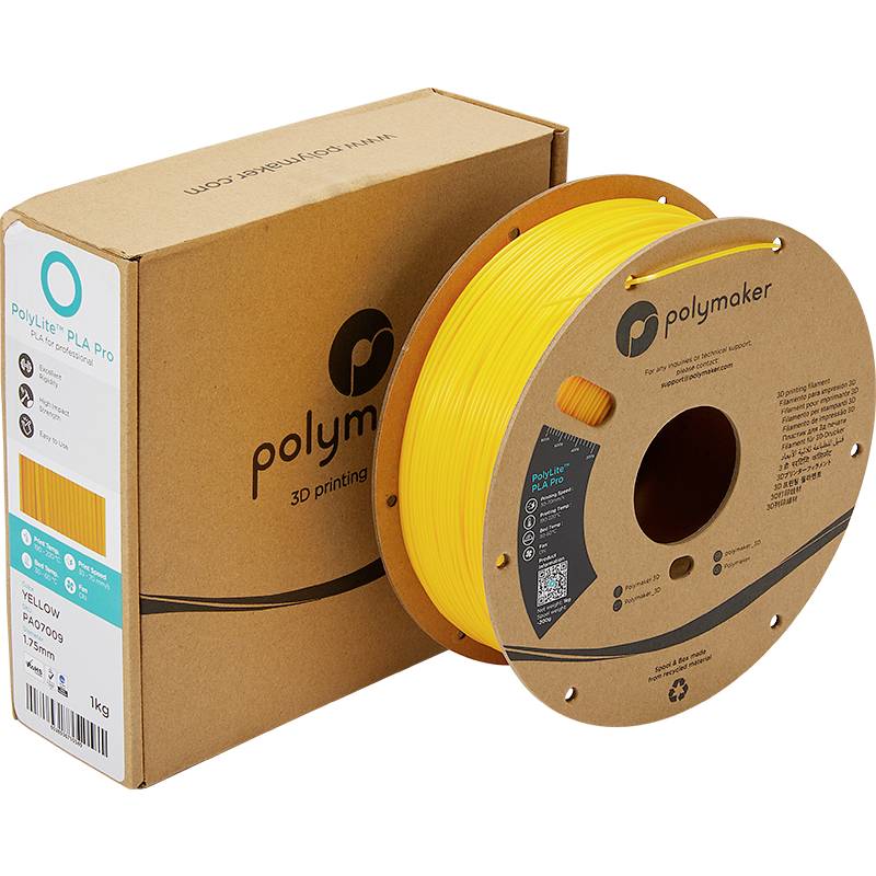 Eine gelbe Spule 3D-Druck Filament, Marke Polymaker, mit Kartonverpackung. Geeignet für 3D-Drucker, Filamenttyp PLA Pro.