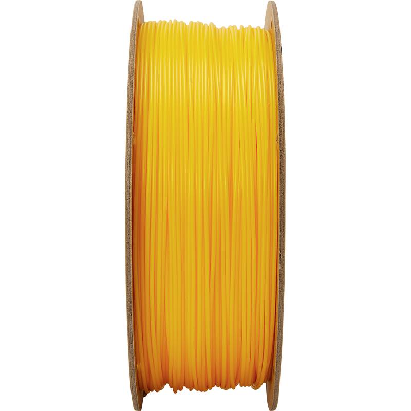 Eine Spule mit orangefarbenem 3D-Drucker-Filament, aufrecht stehend, mit hölzernen Seiten.