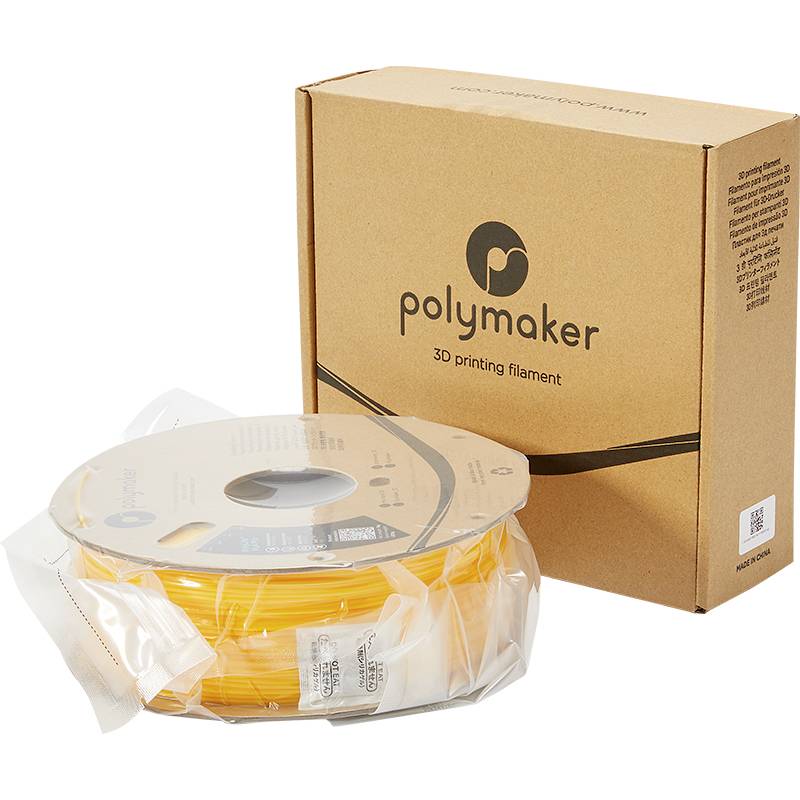 Gelbe 3D-Druckerfilamentrolle, verpackt in Klarsichtfolie, neben einem Karton mit der Aufschrift 'Polymaker 3D printing filament'.