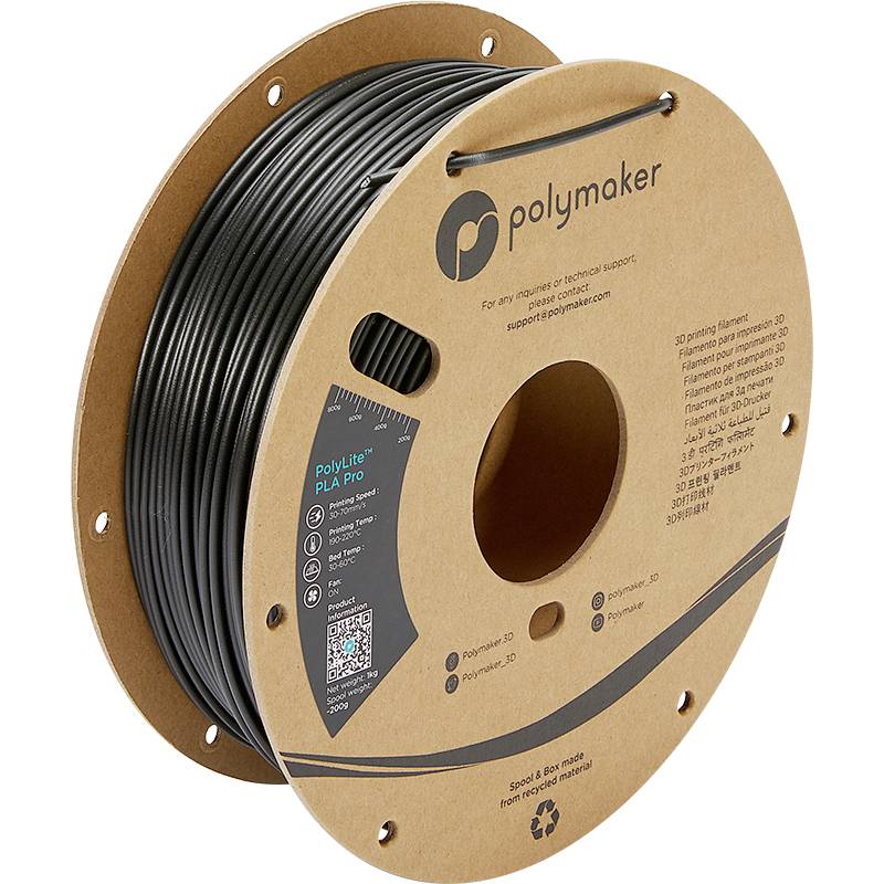 Schwarze Filamentspule mit Polymaker-Logo und Details zum Produkt. Geeignet für den 3D-Druck, Material: PLA, Farbe: Schwarz.