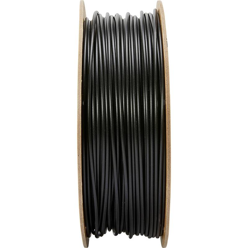 Schwarze Kabelrolle, vertikal aufgestellt.