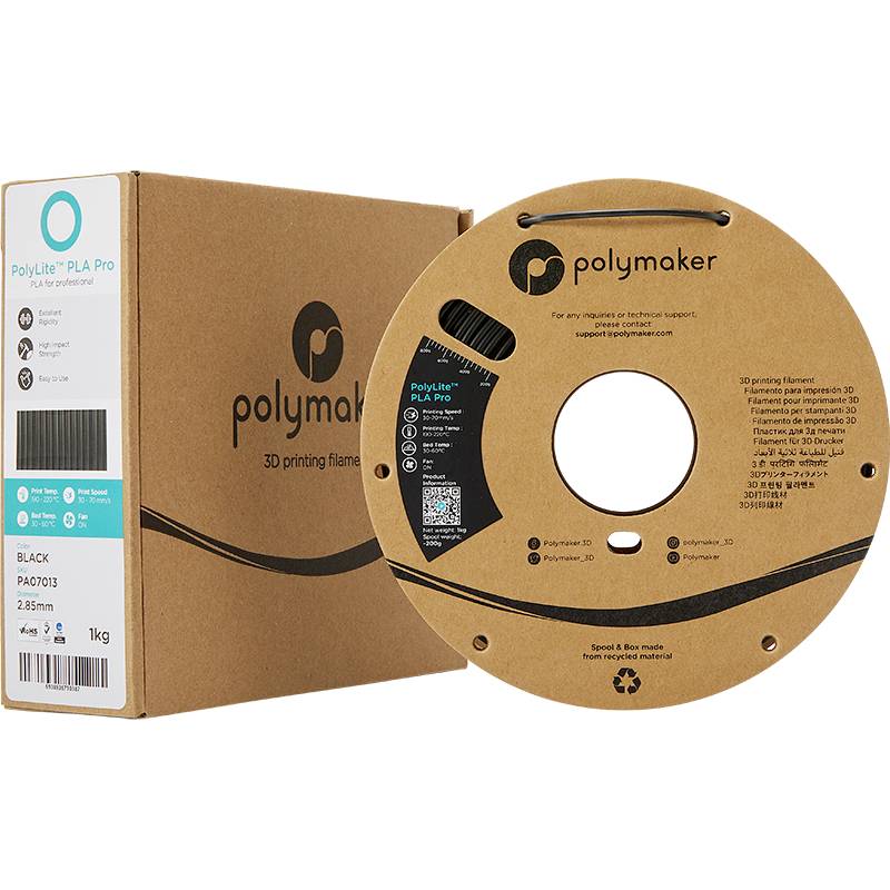 Polymaker PLA Pro Filament in Schwarz, neben Verpackung gezeigt. Geeignet für 3D-Druck, enthält QR-Code zur Produktauskunft.