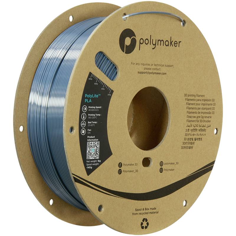 3D-Druckerfilament von Polymaker, Typ PolyLite PLA in Blau auf einer Kartonspule. Geeignet für 3D-Druckanwendungen.