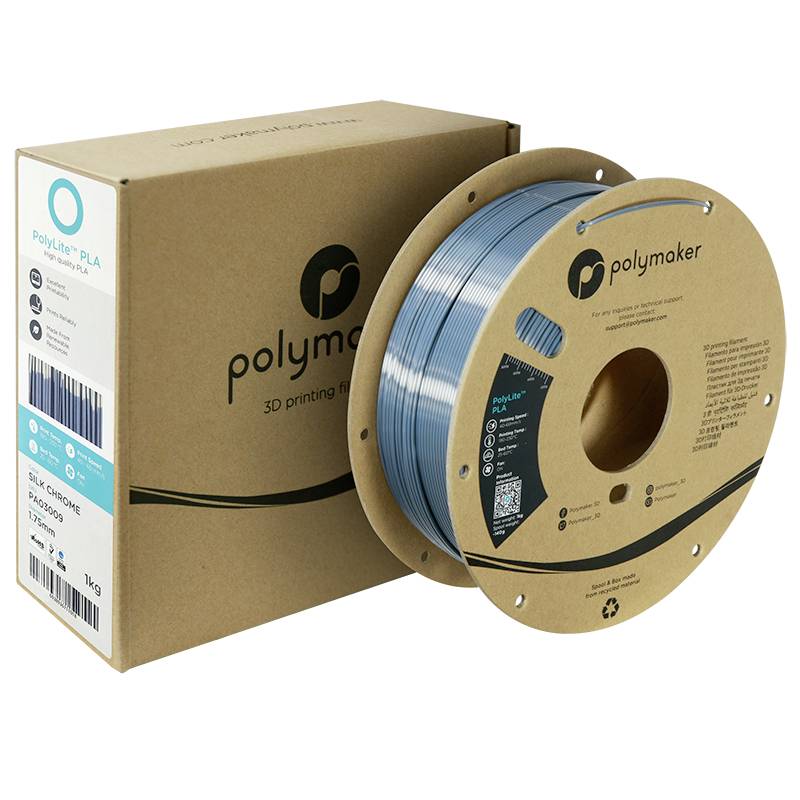 PLA-Filament-Spule und Verpackung von Polymaker. Spule in Blau, Verpackung mit Markenlogo. Geeignet für 3D-Druck.