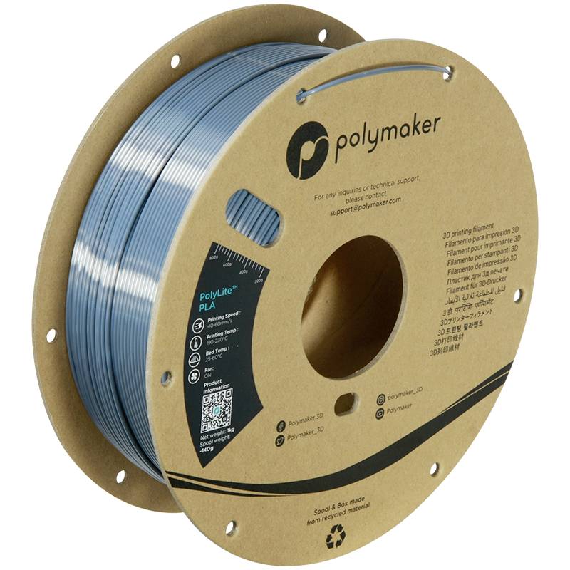 Eine Rolle graues 3D-Drucker-Filament von 'Polymaker', etikettiert mit Produktspezifikationen und Marke.