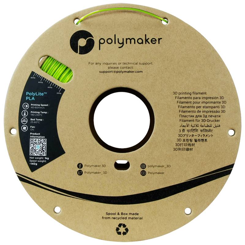 Spule mit grünem 3D-Drucker-Filament von Polymaker. Etikett mit Details zum Filamenttyp 'PolyLite PLA' und QR-Code für technische Unterstützung. Hergestellt aus recyceltem Material.