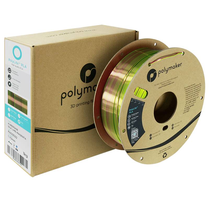 Eine Spule mit mehrfarbigem Filament der Marke Polymaker steht vor ihrer Verpackung. Geeignet für 3D-Drucker.