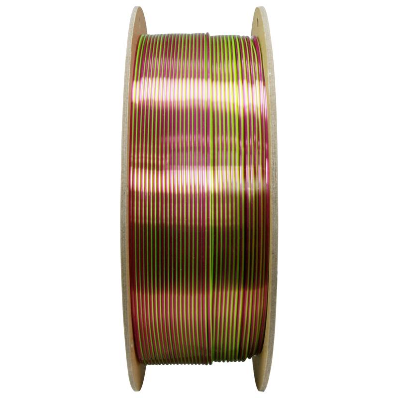 Spule mit mehrfarbigem Filament, ideal für 3D-Druck, zeigt eine Mischung aus rot, grün und anderen schillernden Tönen.