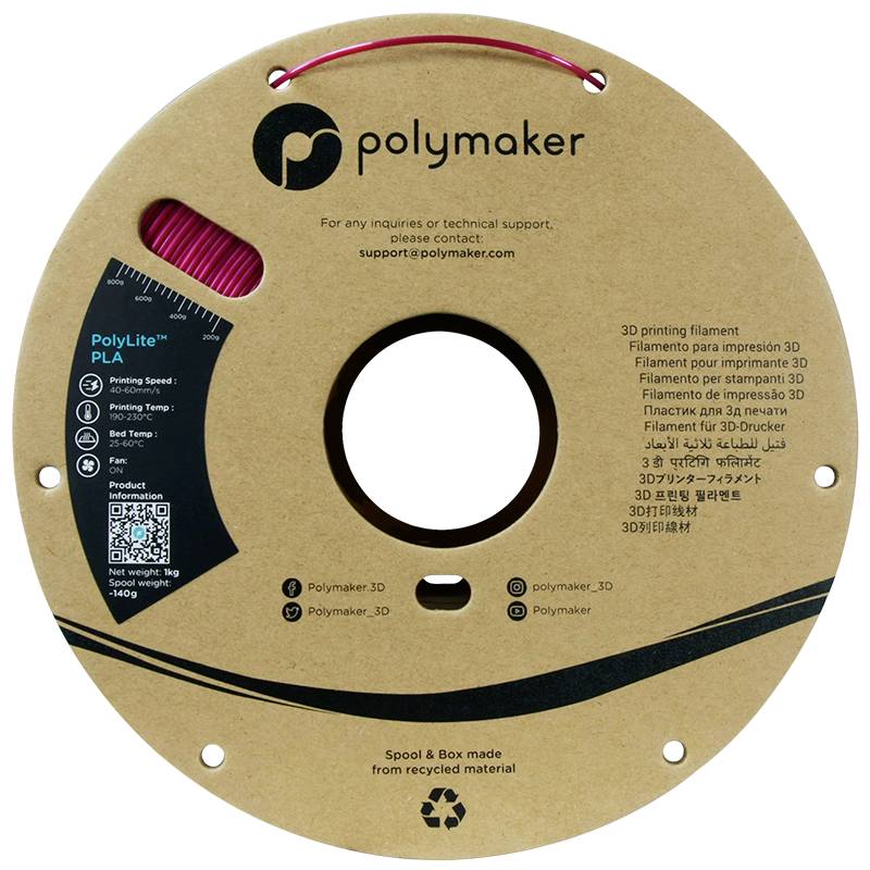 Eine Spule mit rotem PLA-Filament von Polymaker für 3D-Drucker. Die Verpackung enthält Kontaktinformationen und Hinweise zur Filamentverwendung.