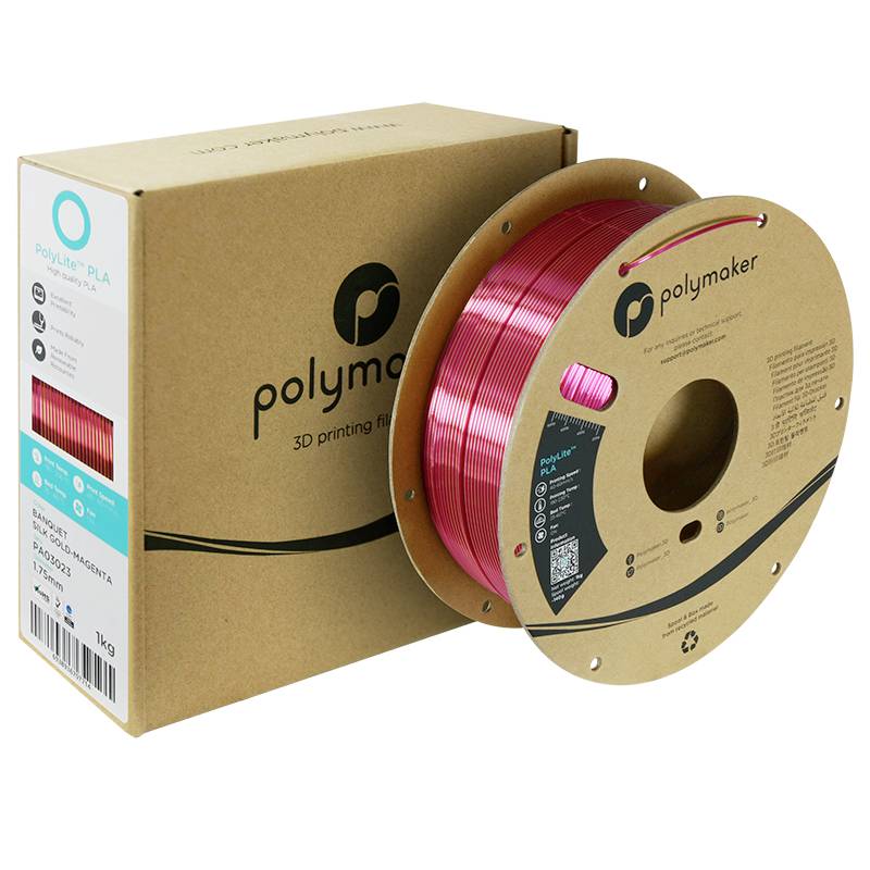 Eine Spule rotes 3D-Druckerfilament der Marke Polymaker mit Verpackung im Hintergrund.