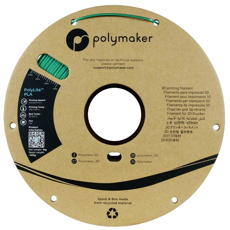 Eine Spule mit grünem 3D-Druck-Filament der Marke Polymaker, Produktname 'PolyLite PLA', mit Kontaktinformationen und QR-Code auf der Verpackung.