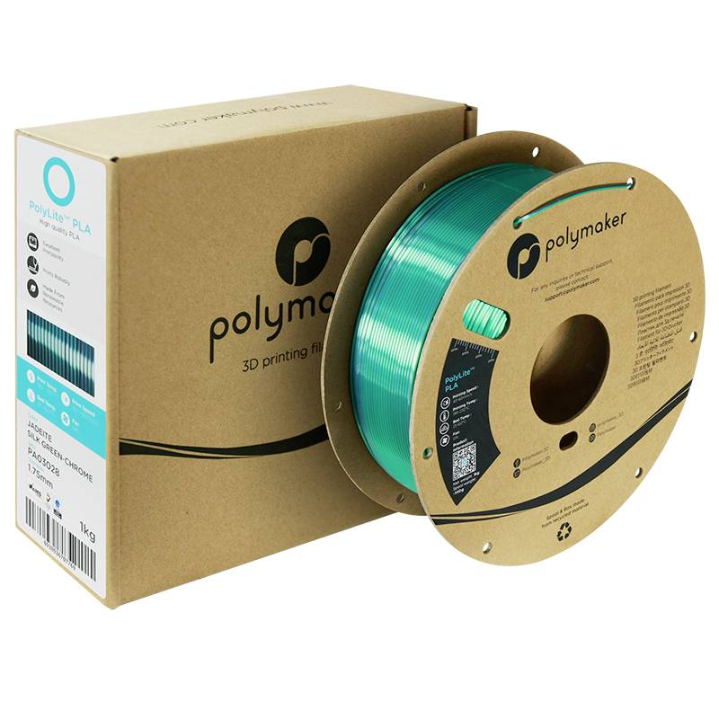 Polymaker PLA Filament in Grün, auf einer Rolle. Verpackung zeigt Markenlogo und Produktdetails, eignet sich für 3D-Druck.