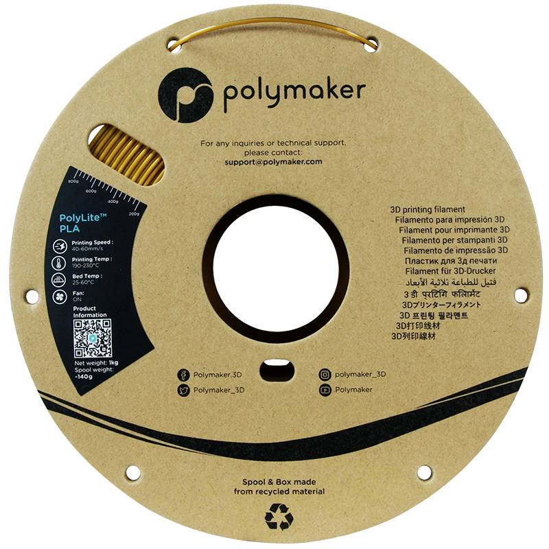 'Polymaker PLA Filament' Spule aus recyceltem Material. Beinhaltet Kontaktinfo, Filamentgewicht (1 kg) und ist für 3D-Drucker geeignet.
