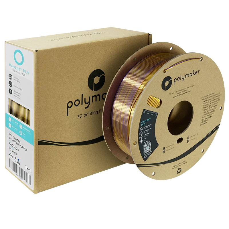 Spule mit goldenem 3D-Drucker-Filament, daneben eine Verpackung mit dem Aufdruck 'Polymaker PLA'.