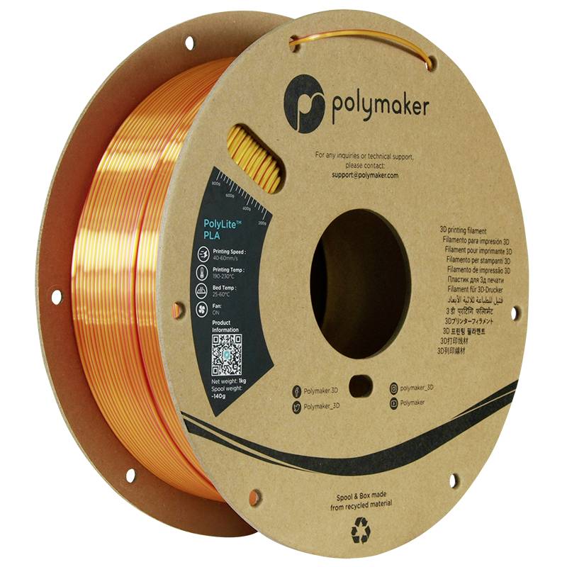 Spule mit orangem 3D-Drucker-Filament, Marke Polymaker. Etikett zeigt Materialinformationen und QR-Code für weitere Details.
