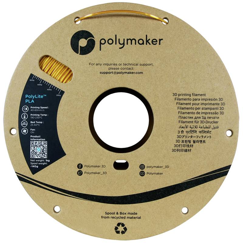 Eine Spule mit 3D-Drucker-Filament der Marke 'Polymaker', Modell 'PolyLite PLA', aus recyceltem Material, in verschiedenen Sprachen beschriftet.