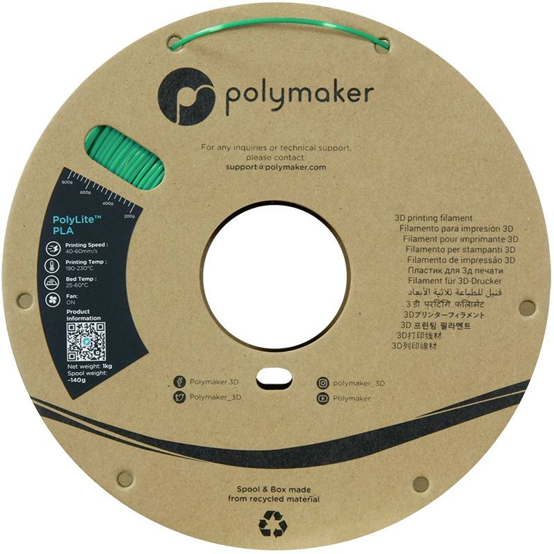 'Polymaker PolyLite PLA' 3D-Drucker-Filament auf Spule aus recyceltem Material, geeignet für diverse 3D-Druckanwendungen.