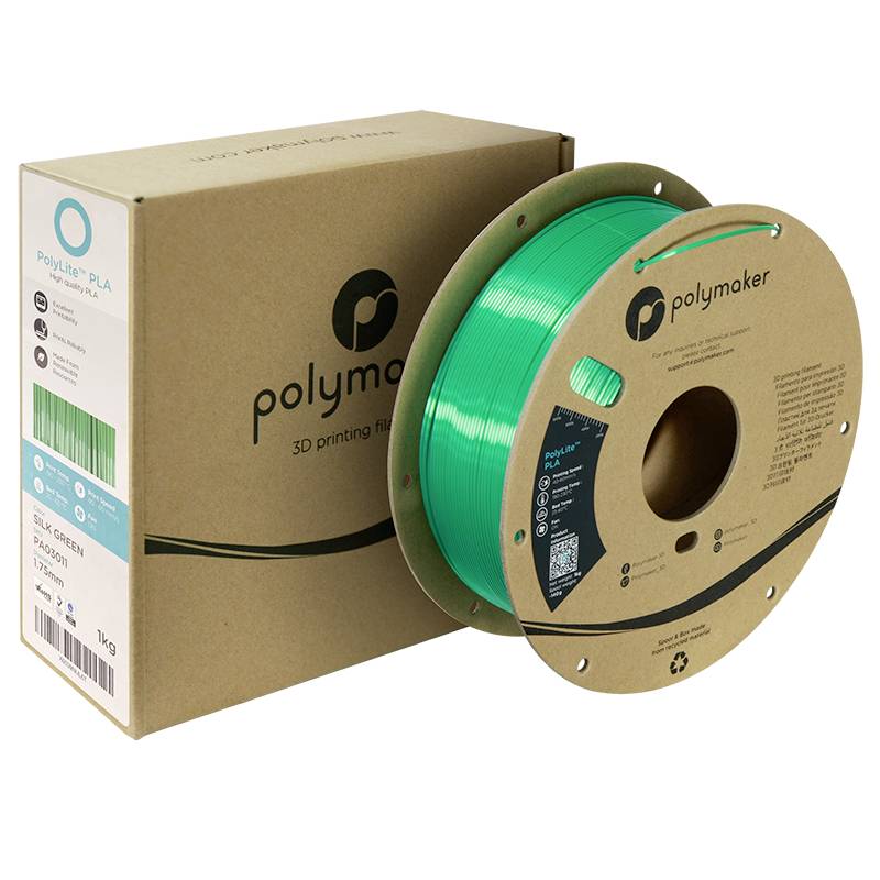 Grünes Filament für 3D-Drucker von Polymaker, verpackt und auf Spule. Verpackung zeigt 'Polymaker 3D printing filament'.