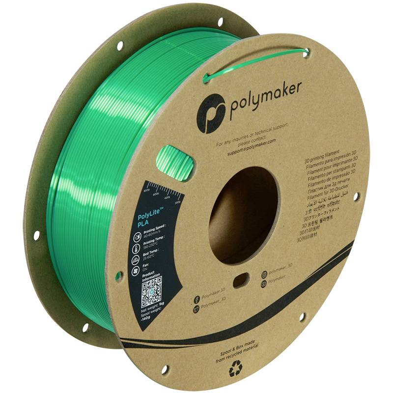 Spule mit grünem 3D-Drucker-Filament der Marke 'Polymaker', etikettiert mit Produkthinweisen und QR-Code auf der Verpackung.