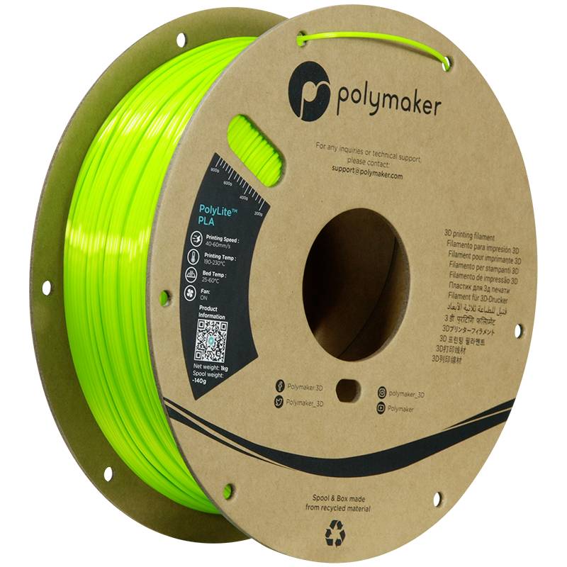 Eine Rolle leuchtend grünes 3D-Druckerfilament von PolyLite aus PLA, auf Pappspule. Geeignet für 3D-Druckanwendungen.