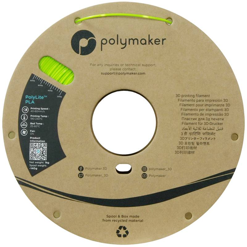 'PolyLite PLA 3D-Druckfilament, 1,75mm, 1kg, hellgrün' auf recyceltem Spulenkarton von Polymaker. Unterstützungsdetails aufgedruckt.