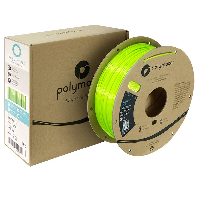 Spule mit grünem 3D-Drucker-Filament von Polymaker, daneben die Verpackungsbox. Hauptnutzung: 3D-Druckprojekte.