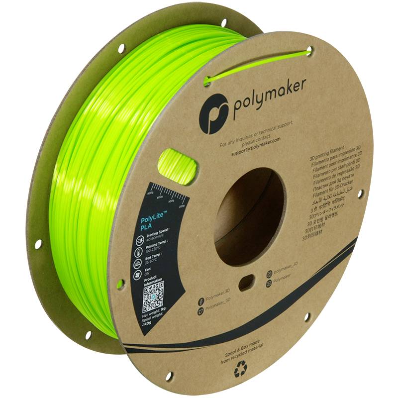 Spule mit neon-grünem 3D-Drucker-Filament aus PLA. Marke 'Polymaker'. Maßeinheit und QR-Code auf der Verpackung.