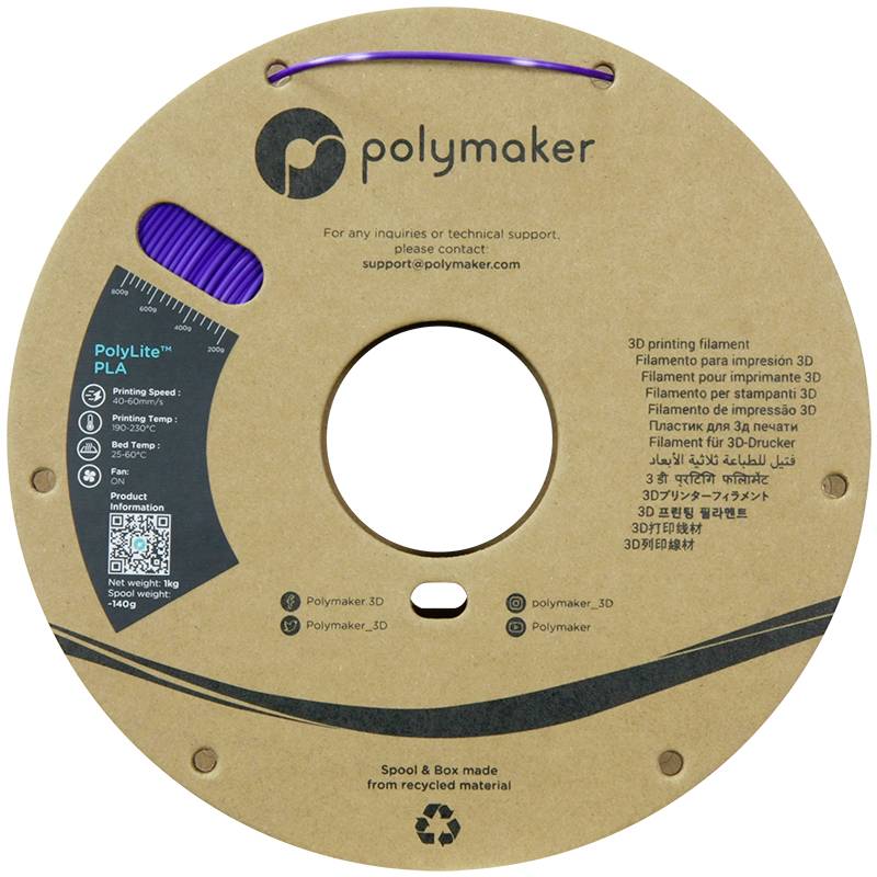 Eine Spule mit lilafarbenem 3D-Drucker-Filament von Polymaker. Auf der Spule stehen Informationen zur Marke und den technischen Daten.