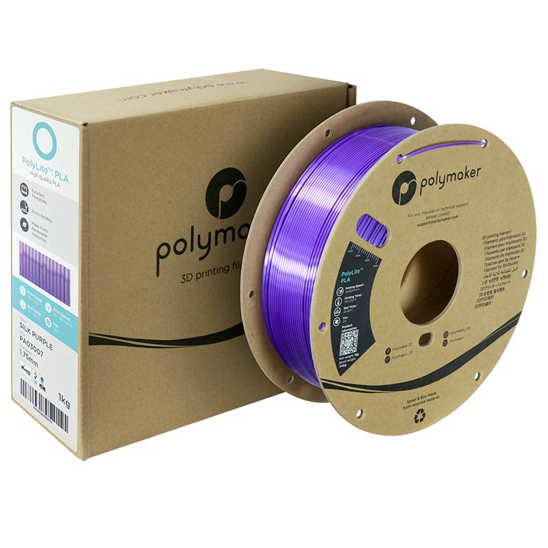 Lila Spule des Polymaker PLA-Filaments vor Verpackung. Eignet sich für 3D-Druck, 1 kg, umweltfreundlich.