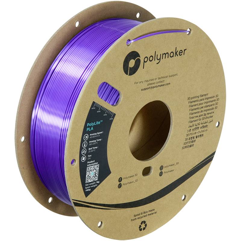 Eine violette Polymaker PolyLite PLA-Filamentspule in einer Verpackung mit recyclebarem Symbol. Geeignet für 3D-Drucker.