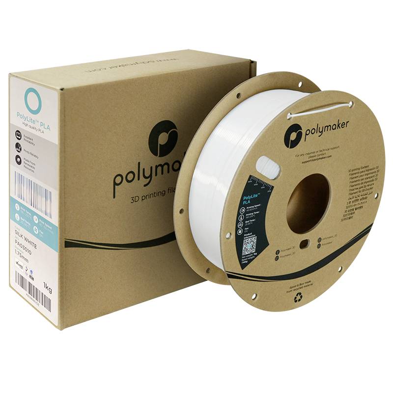 Rolle aus weißem PLA-3D-Drucker-Filament von Polymaker, steht neben der Verpackungsbox. Geeignet für kreative 3D-Druckprojekte.