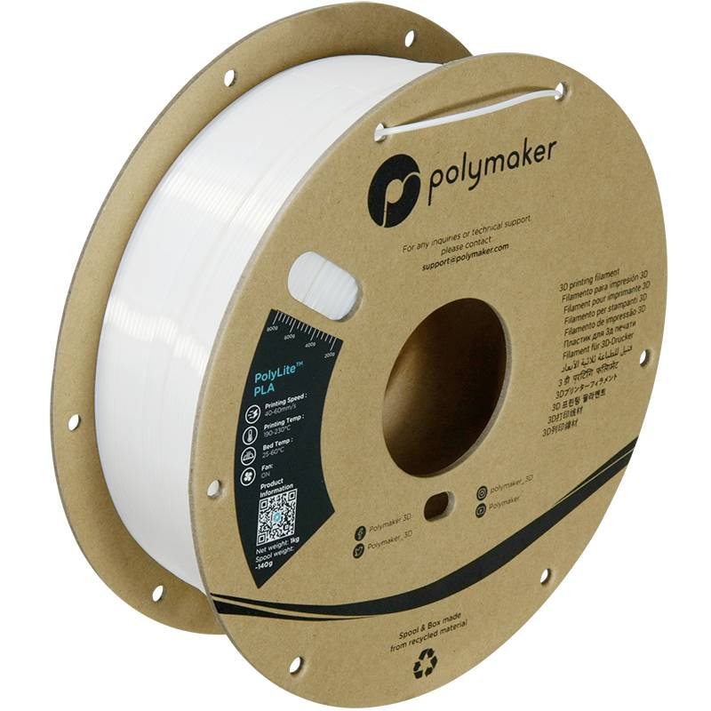 Eine Spule mit weißem 3D-Drucker-Filament von Polymaker, gelabelt 'PolyLite PLA'. Enthält Markenlogo und technische Informationen.