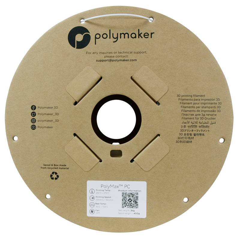 Eine Spule mit 3D-Druckerfilament der Marke 'Polymaker', Modell 'PolyMax PC'. Enthält technische Details und Kontaktinformationen.