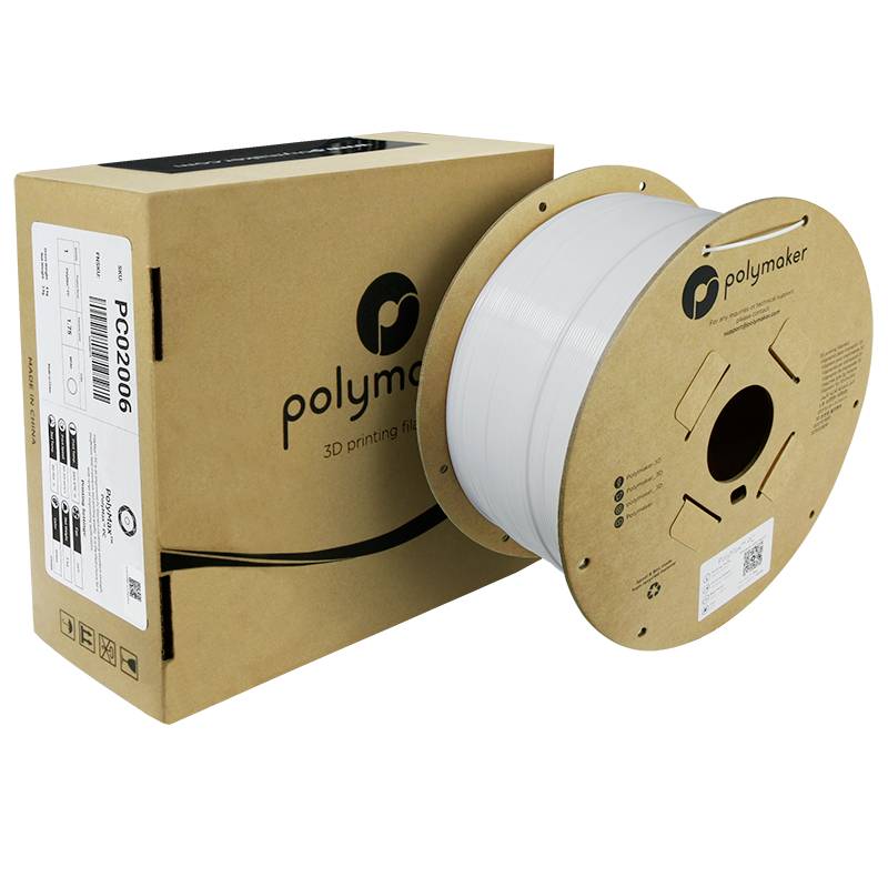Eine Spule Polymaker PC 3D-Druckfilament in weiß neben der zugehörigen Verpackungsschachtel. Geeignet für 3D-Druckanwendungen.