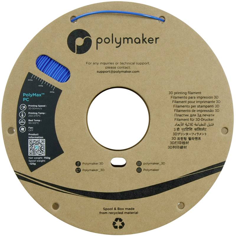 'PolyMax PC' 3D-Druckfilament von Polymaker. Spule aus recyceltem Material. Produktdetails und technischer Support angeführt.