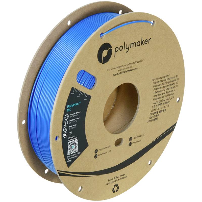 Rolle mit blauem 3D-Drucker-Filament von Polymaker, auf einer braunen Spule. Geeignet für zahlreiche 3D-Druck-Anwendungen.