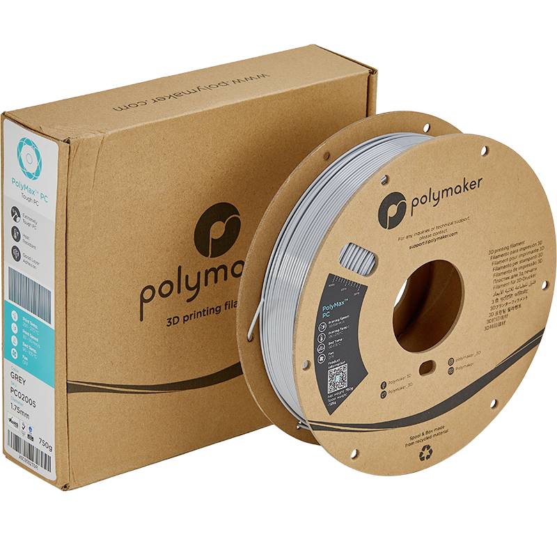 3D-Drucker-Filamentrolle von Polymaker in Grau, vor einer Kartonverpackung.