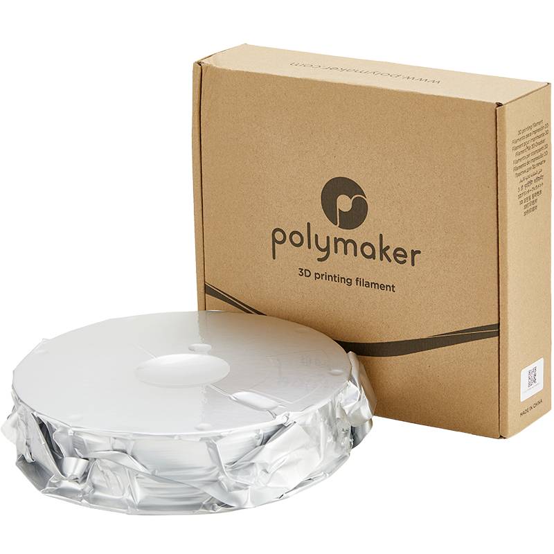 Eine Verpackung von Polymaker 3D-Druckerfilament neben einer abgedeckten Spule, bereit für den Einsatz in einem 3D-Drucker.