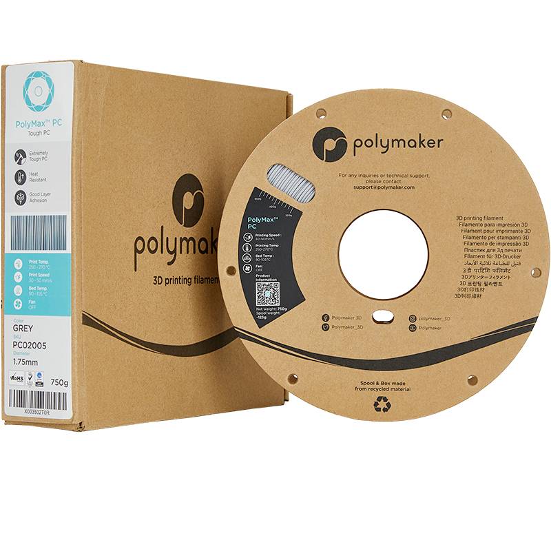 Spule mit grauem 3D-Druckfilament neben einer Verpackung mit Polymaker-Logo, geeignet für 1,75 mm-Drucker, Gewicht 750 g.
