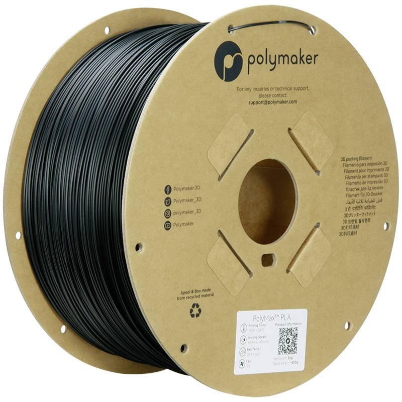 3D-Druckerfilament von Polymaker auf einer Spule aus Pappe, Produktname 'PolyMax PLA', recycelbar.