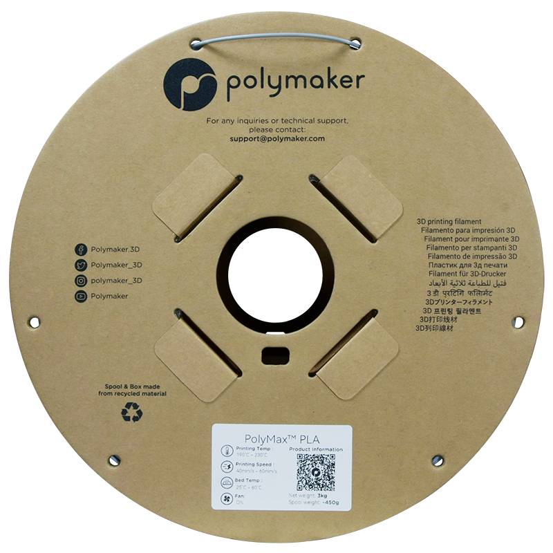 Eine Spule mit 'PolyMax PLA'-Filament von Polymaker. Enthält Details zur technischen Unterstützung und einen QR-Code für weitere Informationen.