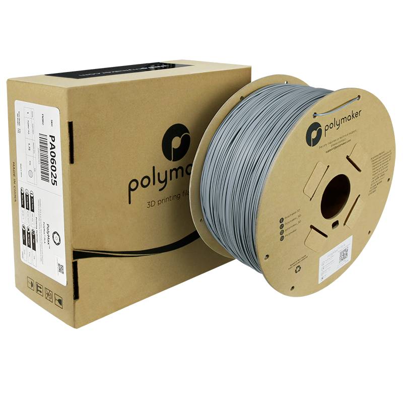Eine Spule graues 3D-Druckfilament von Polymaker mit Verpackung.