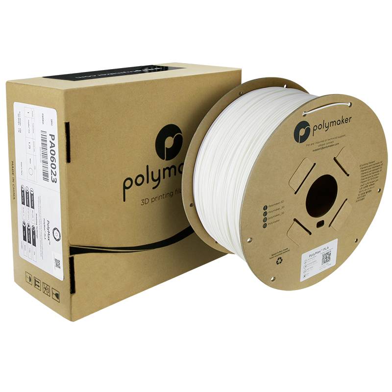 Eine Rolle weißes 3D-Druck-Filament von Polymaker, neben einer braunen Verpackung.